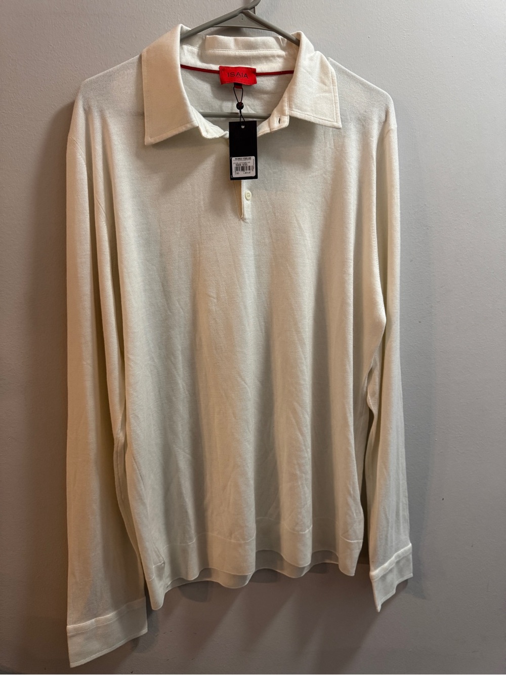 Isaia Cream Long-Sleeve Polo with Spread Collar